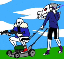 a cartoon of a skeleton riding a lawn mower next to a skeleton holding a gun .