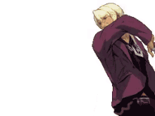 a pixel art of a man in a purple suit pointing at something