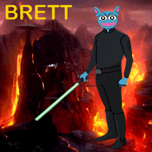 a cartoon character named brett is holding a lightsaber