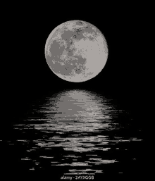 a full moon is reflected in the water at night in a black and white photo .