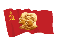 a red flag with a hammer and sickle and two gold faces