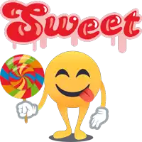 an illustration of a smiley face holding a lollipop and the word sweet behind it