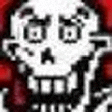 a pixel art drawing of a skeleton with a red background .