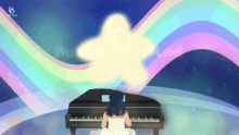 a cartoon of a girl playing a piano with a rainbow in the background and the word music on the bottom