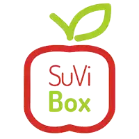 a red apple with the words suvi box written inside of it