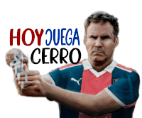 a man in a soccer uniform is holding a can of soda and the words hoy quega cerro are above him