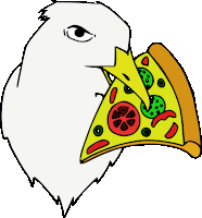 a drawing of an eagle holding a slice of pizza in its beak