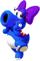 a blue cartoon character with a purple bow on his head