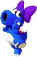 a blue cartoon character with a purple bow on his head