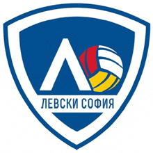 a blue and white shield with the letter a and a volleyball