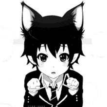 a black and white drawing of a boy with cat ears on his head