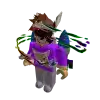 a roblox character is wearing a purple shirt with a cat on it and a bow and arrow .