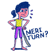 a drawing of a girl with her hands on her hips and the words meri turn on the bottom