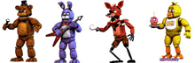 a group of five nights at freddy 's characters are standing next to each other .