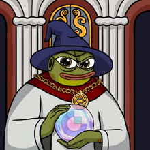 a cartoon of a frog wearing a wizard 's hat and holding a crystal ball