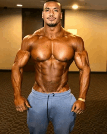 a muscular man in blue shorts stands in a hallway with his hands in his pockets