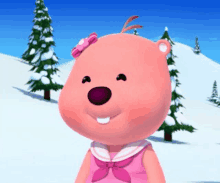 a pink teddy bear with a bow on her head