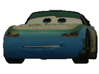 the front of a blue car from the movie cars with a funny face .