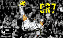 a soccer player is flying through the air with the word cr7 in yellow