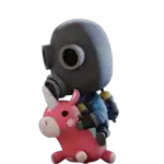 a cartoon character wearing a gas mask is riding on the back of a pink stuffed animal .