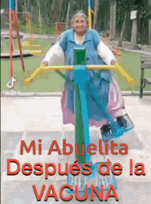 an elderly woman is riding a bike in a park with the words mi abuelita despues de la vacuna written on the bottom