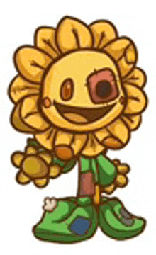 a cartoon drawing of a sunflower with a big smile on its face and green pants .