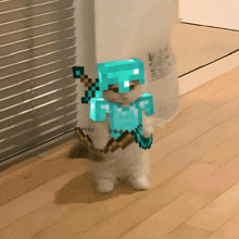 a cat is wearing a minecraft armor and holding a diamond axe