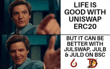 a man giving a thumbs up with the words life is good with uniswap erc20 on the bottom