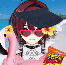 a girl wearing sunglasses and a flamingo float next to a bag of cheetos flamin hot chips