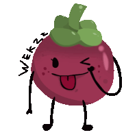 a cartoon drawing of a purple fruit with arms and legs sticking out its tongue and the words " vekzz " below it