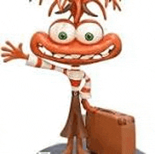 a cartoon character is holding a suitcase and waving at the camera .