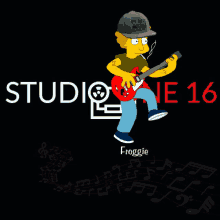 a cartoon of a man playing a guitar with the words studio 16 behind him