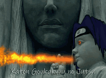 a statue of a person with red eyes and the words katon goukakyu no jutsu