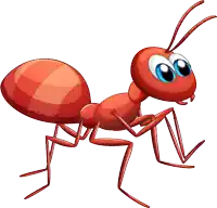 a cartoon illustration of a red ant with big blue eyes