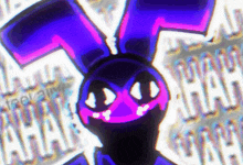 a drawing of a purple bunny with the words " ahaha " written in the background