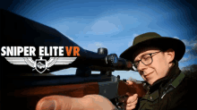 a man holding a rifle with a sniper elite vr logo in the background