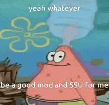 a cartoon of patrick from spongebob squarepants says " yeah whatever be a good mod and osu for me "