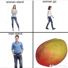 a man standing next to a woman and a mango