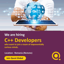 a man is holding a tablet with a globe on it and the words " we are hiring c ++ developers "