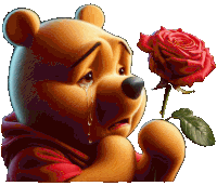 winnie the pooh is crying while holding a rose