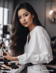 a woman in a white shirt is holding a makeup brush in front of a table full of makeup brushes