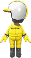 a yellow mario kart figure with a white helmet