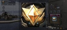 a screenshot of a video game shows a car and a diamond emblem