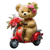 a teddy bear is sitting on a red scooter with flowers in its basket