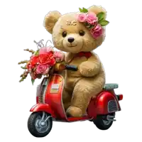 a teddy bear is sitting on a red scooter with flowers in its basket