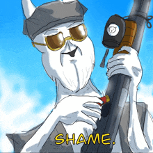 a cartoon drawing of a man holding a shotgun with the word shame below it