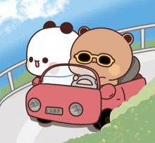 a cartoon of two bears driving a red car with a license plate that says 1.28