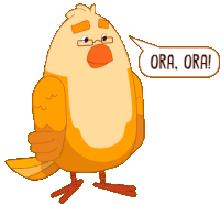 a cartoon bird with glasses and a speech bubble saying ora ora