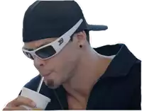 a man wearing a black hat and white sunglasses drinks from a cup with a straw