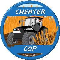 a cheater cop logo with a police tractor in the middle of a wheat field